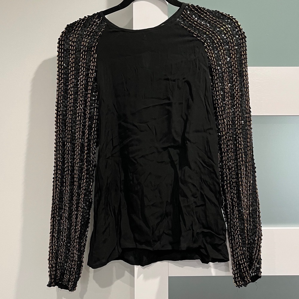 Parker Black Beaded Sequin Sleeve Long Sleeve Blouse Top Women‎ M